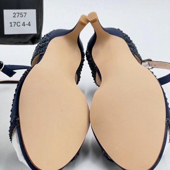 XYD Navy Chic Peep Toe D'Orsay Kitten Heel Rhinestone Studs Ankle Strap Sandals - Picture 7 of 8